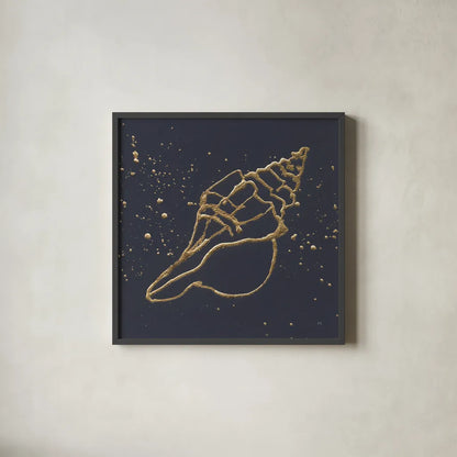 Gold Conch II by Chris Paschke. Shown in a sleek black glass frame for a contemporary gallery look. Available as an archival giclee rolled canvas, fine art paper, or poster print. SKU 69349a.