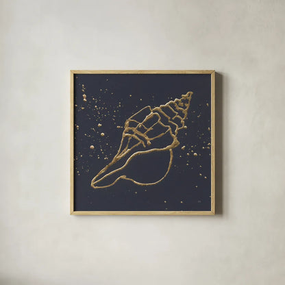 Gold Conch II by Chris Paschke. Shown in a natural wood glass frame for a timeless modern aesthetic. Available as an archival giclee rolled canvas, fine art paper, or poster print. SKU 69349a.