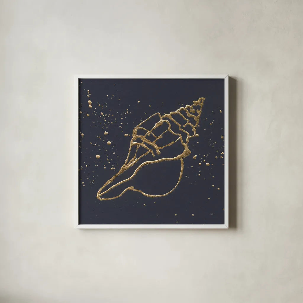 Gold Conch II by Chris Paschke. Shown in a crisp white glass frame for a clean and minimalist style. Available as an archival giclee rolled canvas, fine art paper, or poster print. SKU 69349a.