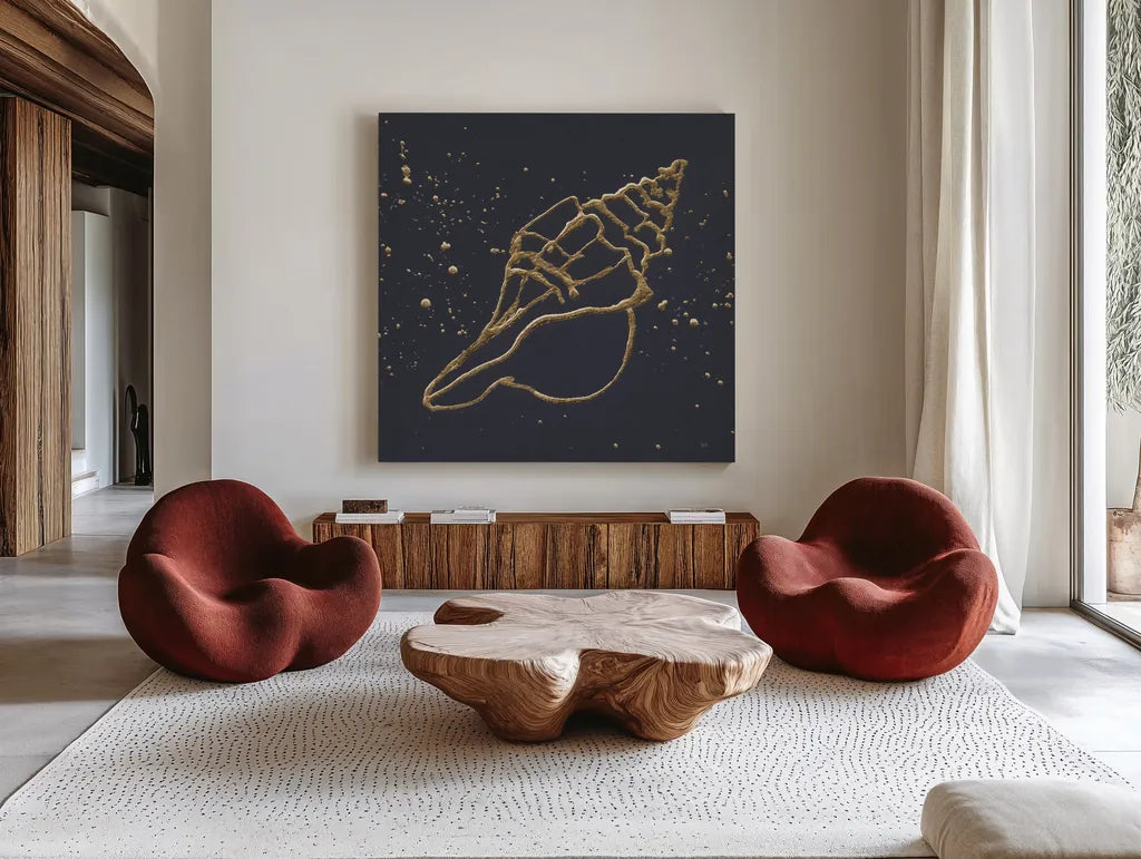 Gold Conch II by Chris Paschke. Shown as extra-large giant wall art in a modern living room. Available as an archival giclee rolled canvas, fine art paper, or poster print. SKU 69349a.