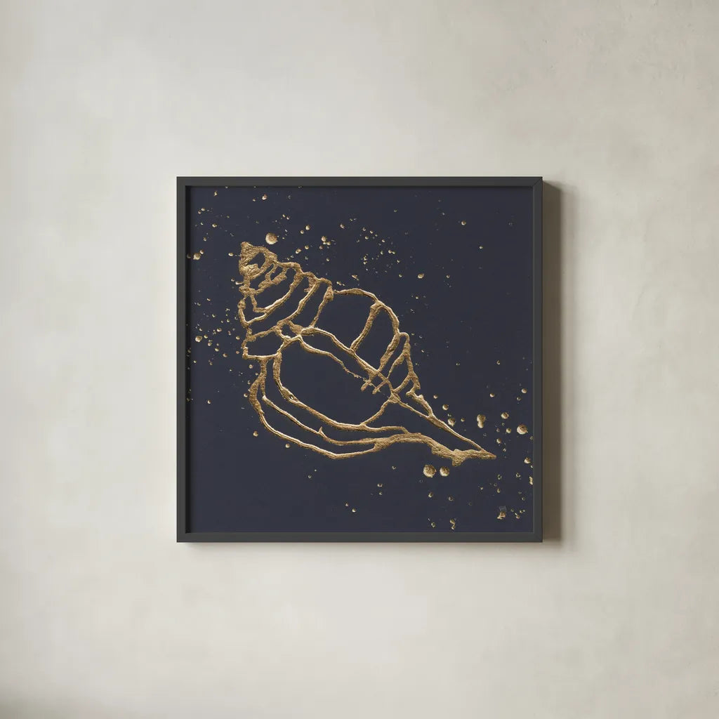 Gold Conch III by Chris Paschke. Shown in a sleek black glass frame for a contemporary gallery look. Available as an archival giclee rolled canvas, fine art paper, or poster print. SKU 69350a.