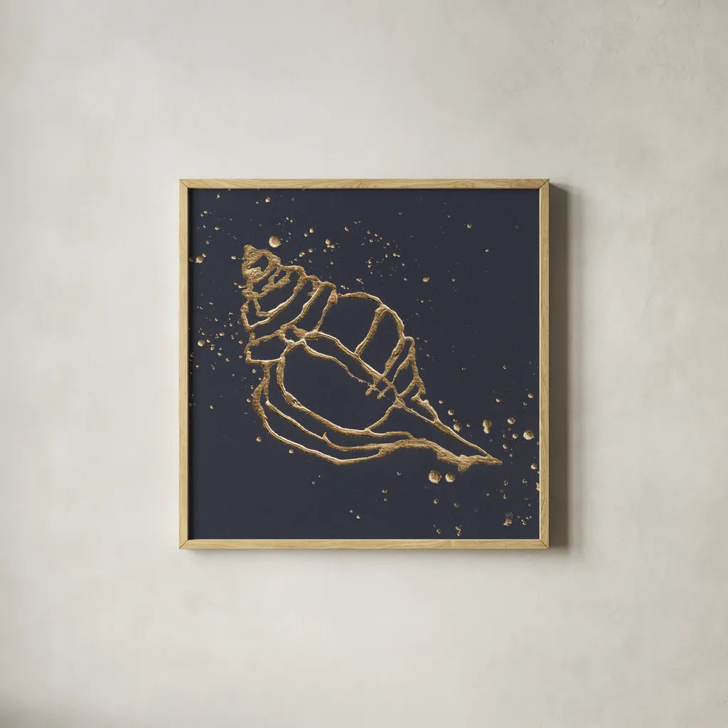 Gold Conch III by Chris Paschke. Shown in a natural wood glass frame for a timeless modern aesthetic. Available as an archival giclee rolled canvas, fine art paper, or poster print. SKU 69350a.
