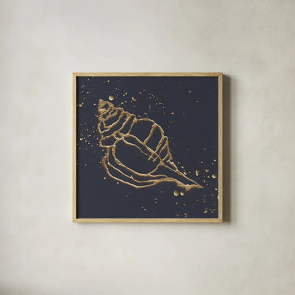 Gold Conch III by Chris Paschke. Shown in a natural wood glass frame for a timeless modern aesthetic. Available as an archival giclee rolled canvas, fine art paper, or poster print. SKU 69350a.