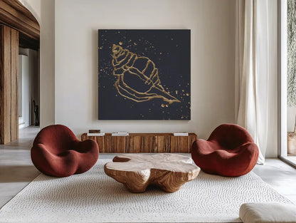 Gold Conch III by Chris Paschke. Shown as extra-large giant wall art in a modern living room. Available as an archival giclee rolled canvas, fine art paper, or poster print. SKU 69350a.