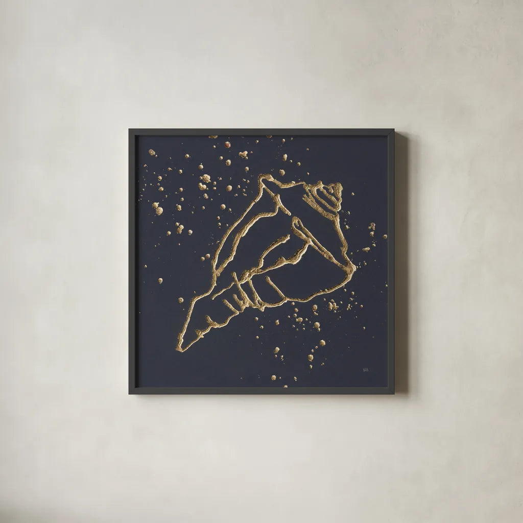 Gold Conch IV by Chris Paschke. Shown in a sleek black glass frame for a contemporary gallery look. Available as an archival giclee rolled canvas, fine art paper, or poster print. SKU 69351a.