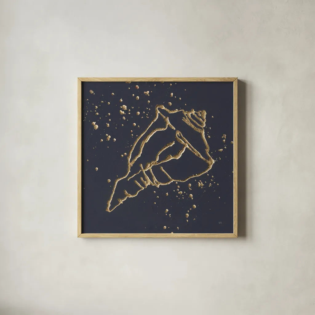 Gold Conch IV by Chris Paschke. Shown in a natural wood glass frame for a timeless modern aesthetic. Available as an archival giclee rolled canvas, fine art paper, or poster print. SKU 69351a.