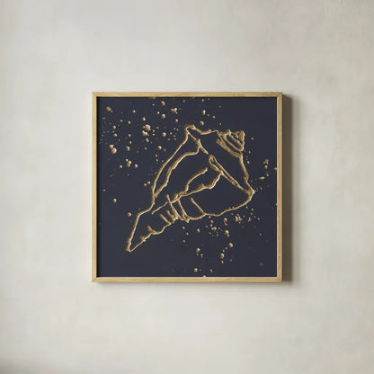 Gold Conch IV by Chris Paschke. Shown in a natural wood glass frame for a timeless modern aesthetic. Available as an archival giclee rolled canvas, fine art paper, or poster print. SKU 69351a.