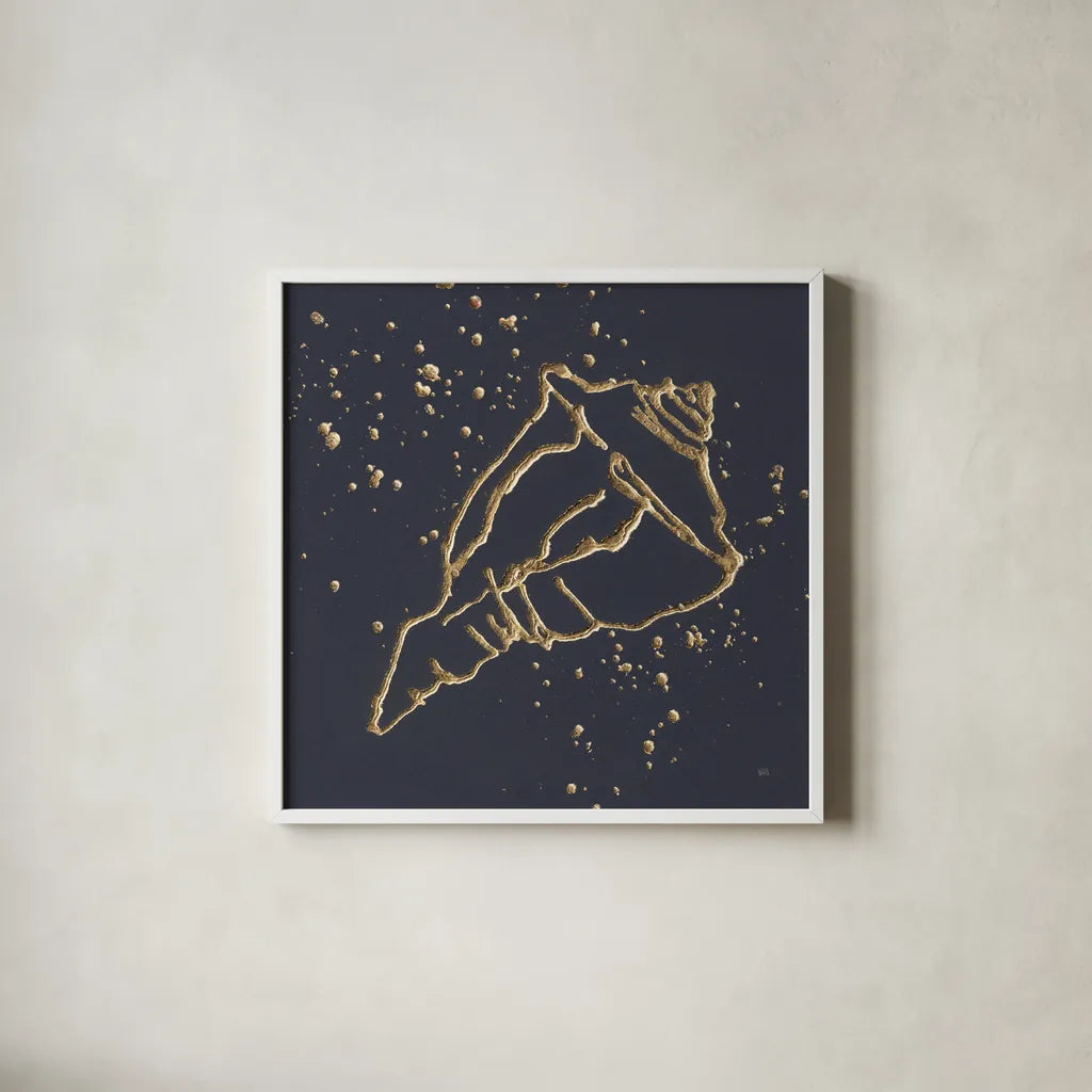 Gold Conch IV by Chris Paschke. Shown in a crisp white glass frame for a clean and minimalist style. Available as an archival giclee rolled canvas, fine art paper, or poster print. SKU 69351a.