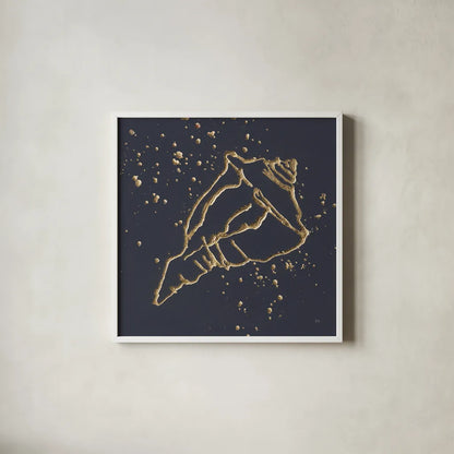Gold Conch IV by Chris Paschke. Shown in a crisp white glass frame for a clean and minimalist style. Available as an archival giclee rolled canvas, fine art paper, or poster print. SKU 69351a.