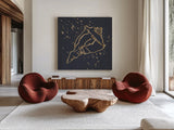 Gold Conch IV by Chris Paschke. Shown as extra-large giant wall art in a modern living room. Available as an archival giclee rolled canvas, fine art paper, or poster print. SKU 69351a.