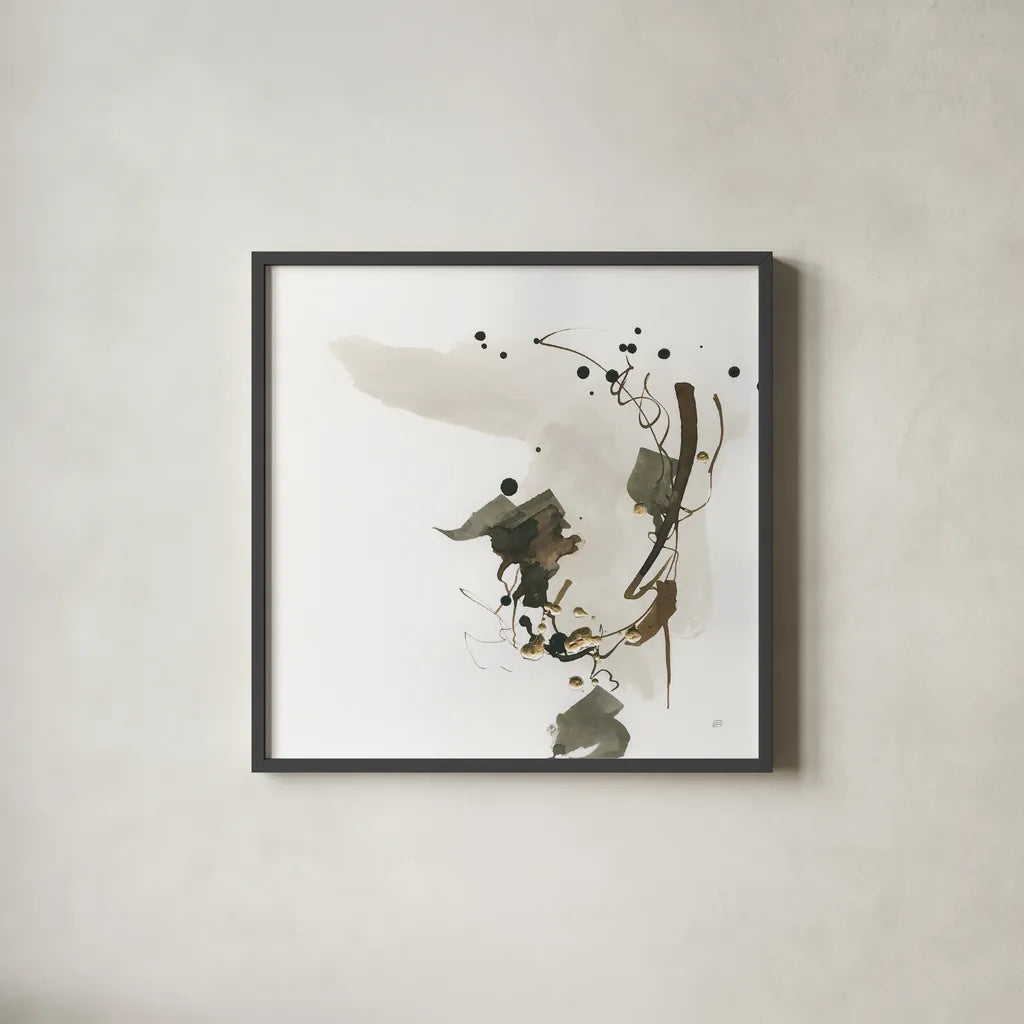 Gold Dots I by Chris Paschke. Shown in a sleek black glass frame for a contemporary gallery look. Available as an archival giclee rolled canvas, fine art paper, or poster print. SKU 78121a.