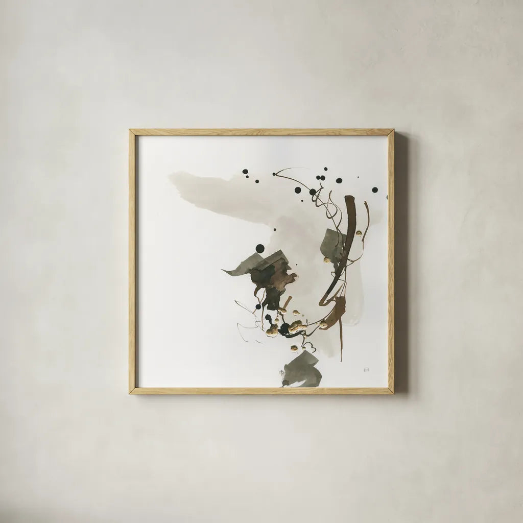 Gold Dots I by Chris Paschke. Shown in a natural wood glass frame for a timeless modern aesthetic. Available as an archival giclee rolled canvas, fine art paper, or poster print. SKU 78121a.