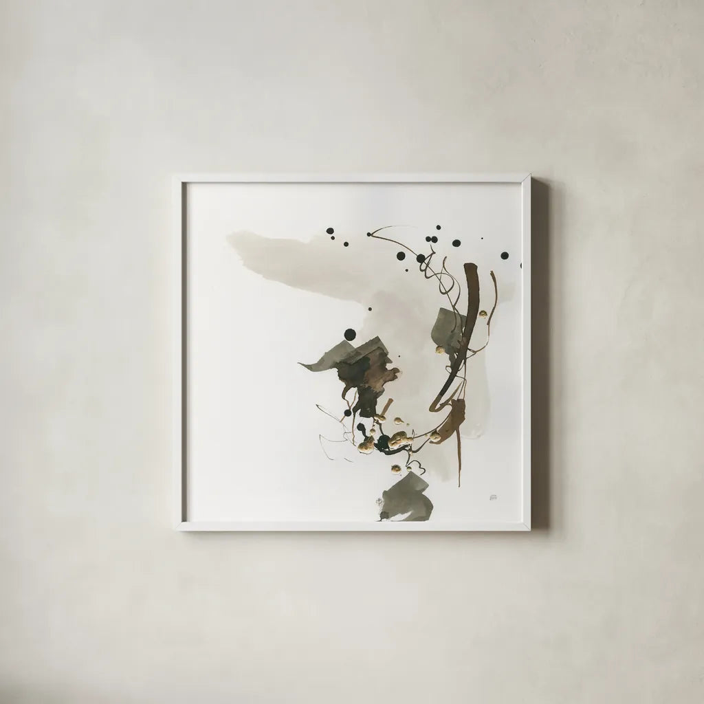 Gold Dots I by Chris Paschke. Shown in a crisp white glass frame for a clean and minimalist style. Available as an archival giclee rolled canvas, fine art paper, or poster print. SKU 78121a.