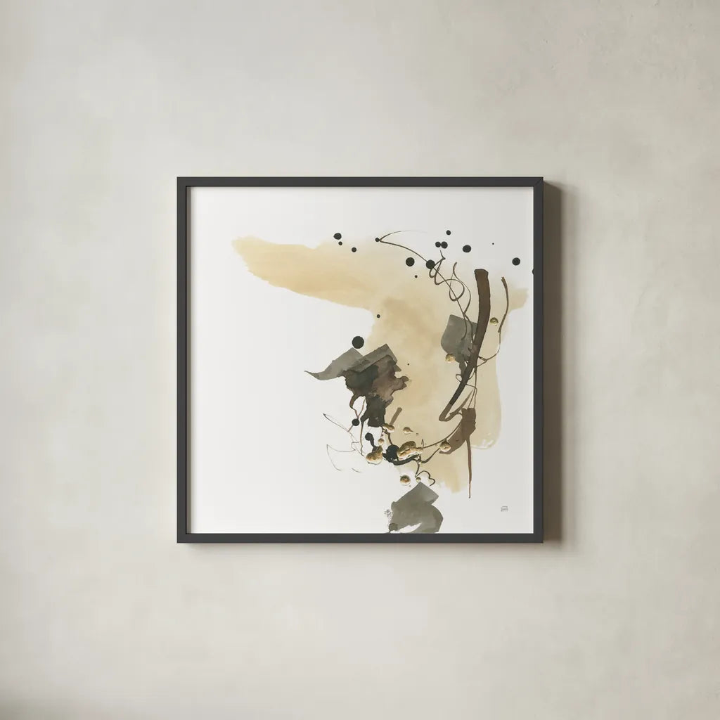 Gold Dots I Brown by Chris Paschke. Shown in a sleek black glass frame for a contemporary gallery look. Available as an archival giclee rolled canvas, fine art paper, or poster print. SKU 78284a.