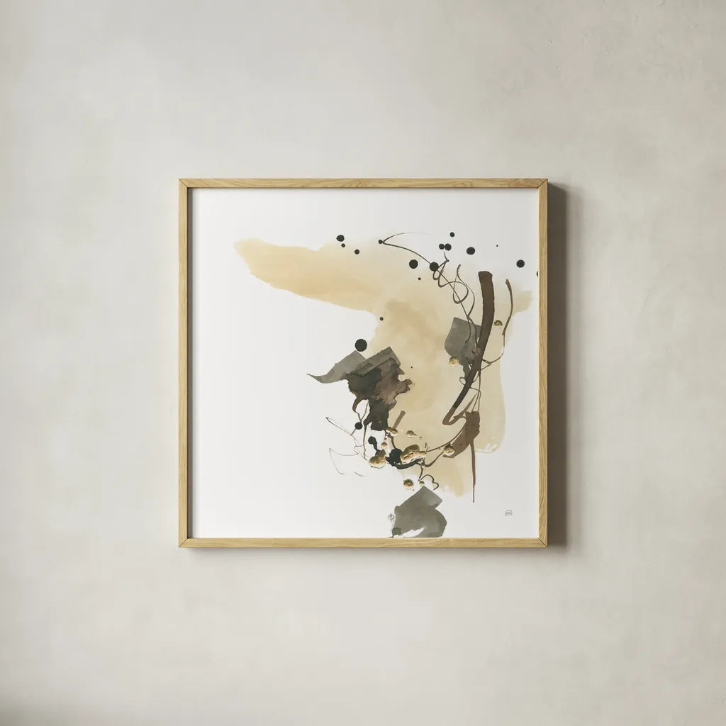 Gold Dots I Brown by Chris Paschke. Shown in a natural wood glass frame for a timeless modern aesthetic. Available as an archival giclee rolled canvas, fine art paper, or poster print. SKU 78284a.