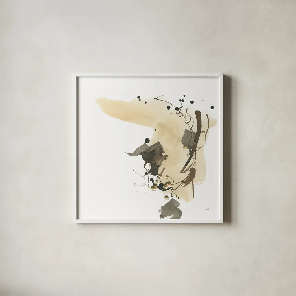 Gold Dots I Brown by Chris Paschke. Shown in a crisp white glass frame for a clean and minimalist style. Available as an archival giclee rolled canvas, fine art paper, or poster print. SKU 78284a.