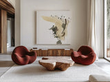Gold Dots I Brown by Chris Paschke. Shown as extra-large giant wall art in a modern living room. Available as an archival giclee rolled canvas, fine art paper, or poster print. SKU 78284a.