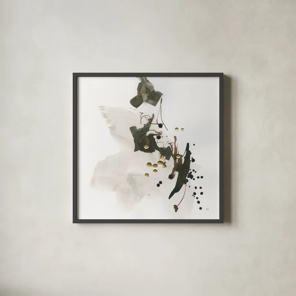 Gold Dots II by Chris Paschke. Shown in a sleek black glass frame for a contemporary gallery look. Available as an archival giclee rolled canvas, fine art paper, or poster print. SKU 78122a.