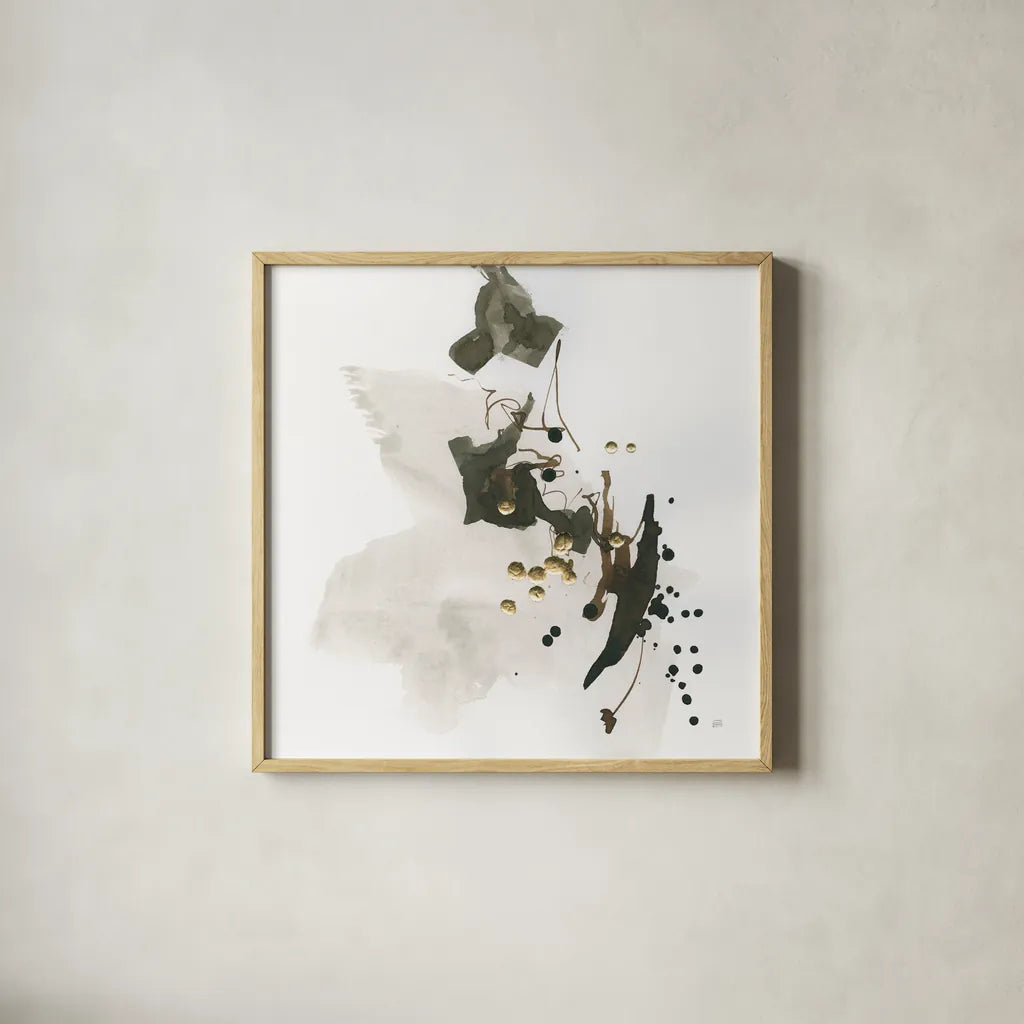 Gold Dots II by Chris Paschke. Shown in a natural wood glass frame for a timeless modern aesthetic. Available as an archival giclee rolled canvas, fine art paper, or poster print. SKU 78122a.