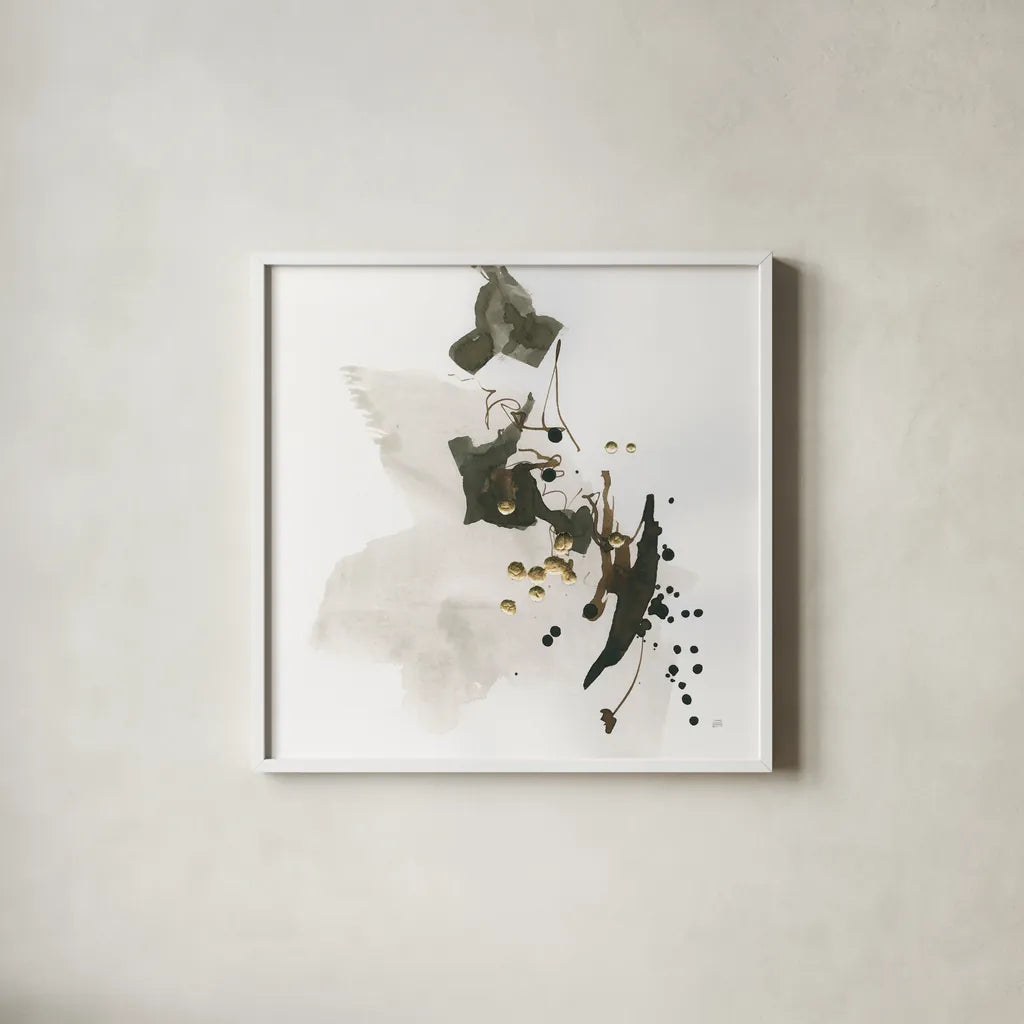 Gold Dots II by Chris Paschke. Shown in a crisp white glass frame for a clean and minimalist style. Available as an archival giclee rolled canvas, fine art paper, or poster print. SKU 78122a.