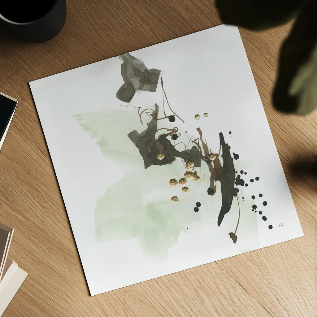 Gold Dots II Green by Chris Paschke. Shown as a detailed flat fine art print, highlighting archival giclee quality. Available as an archival giclee rolled canvas, fine art paper, or poster print. SKU 78285a.