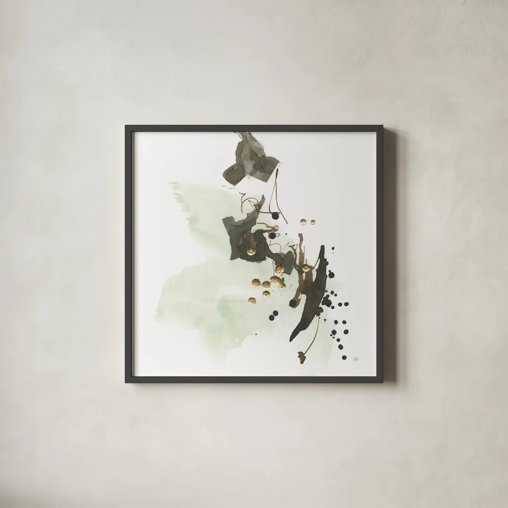 Gold Dots II Green by Chris Paschke. Shown in a sleek black glass frame for a contemporary gallery look. Available as an archival giclee rolled canvas, fine art paper, or poster print. SKU 78285a.