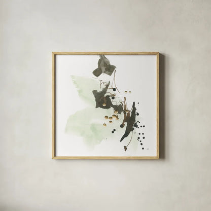 Gold Dots II Green by Chris Paschke. Shown in a natural wood glass frame for a timeless modern aesthetic. Available as an archival giclee rolled canvas, fine art paper, or poster print. SKU 78285a.