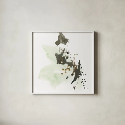 Gold Dots II Green by Chris Paschke. Shown in a crisp white glass frame for a clean and minimalist style. Available as an archival giclee rolled canvas, fine art paper, or poster print. SKU 78285a.