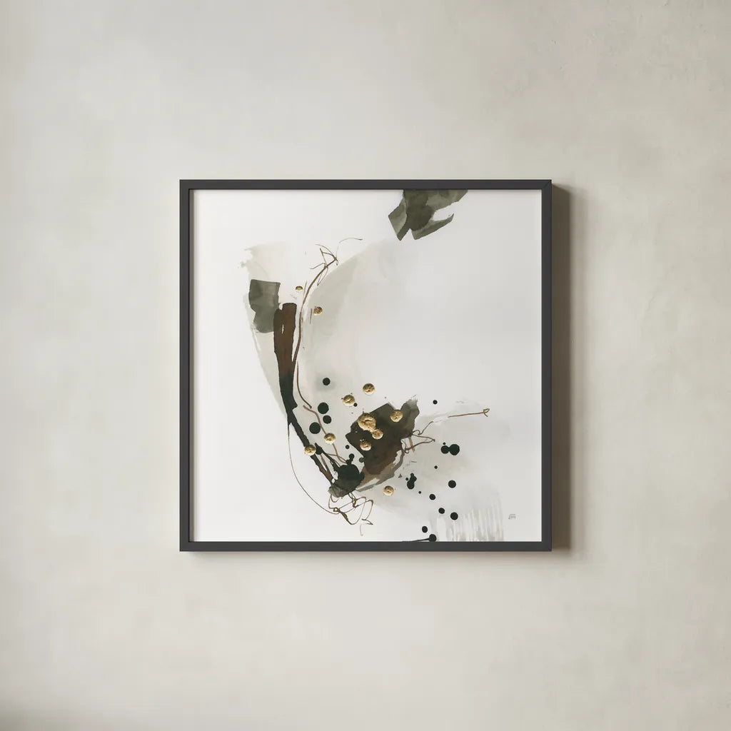 Gold Dots III by Chris Paschke. Shown in a sleek black glass frame for a contemporary gallery look. Available as an archival giclee rolled canvas, fine art paper, or poster print. SKU 78123a.