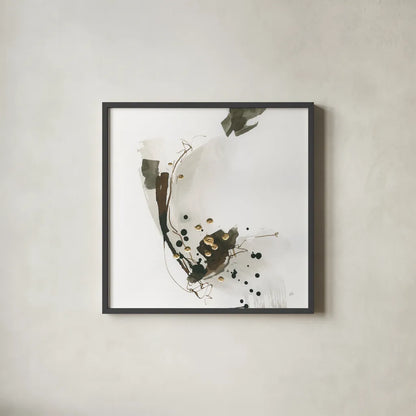 Gold Dots III by Chris Paschke. Shown in a sleek black glass frame for a contemporary gallery look. Available as an archival giclee rolled canvas, fine art paper, or poster print. SKU 78123a.