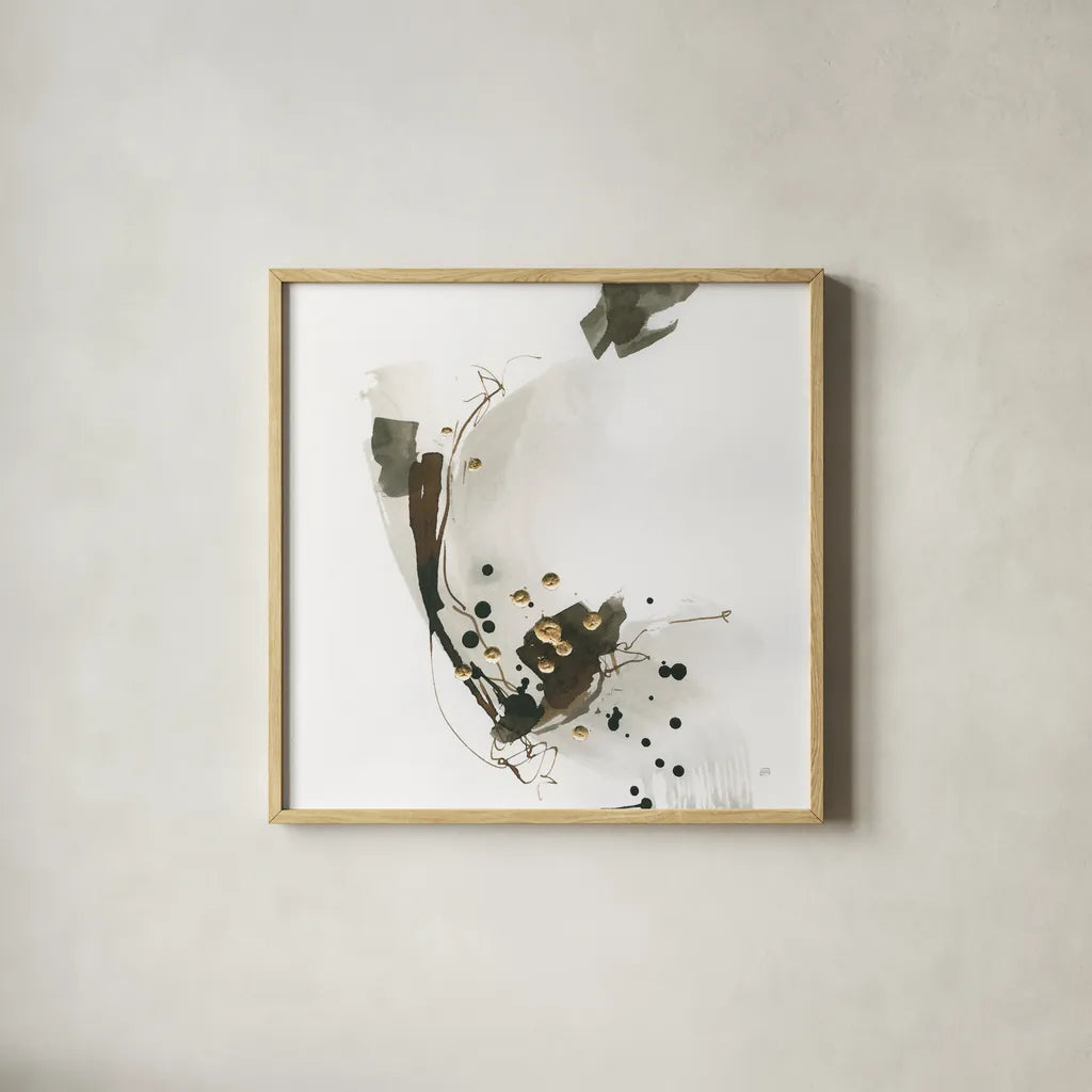 Gold Dots III by Chris Paschke. Shown in a natural wood glass frame for a timeless modern aesthetic. Available as an archival giclee rolled canvas, fine art paper, or poster print. SKU 78123a.