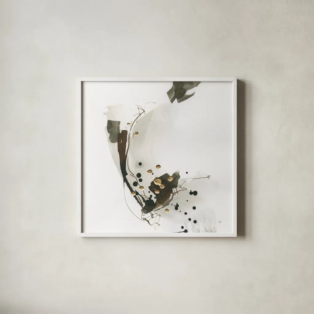 Gold Dots III by Chris Paschke. Shown in a crisp white glass frame for a clean and minimalist style. Available as an archival giclee rolled canvas, fine art paper, or poster print. SKU 78123a.