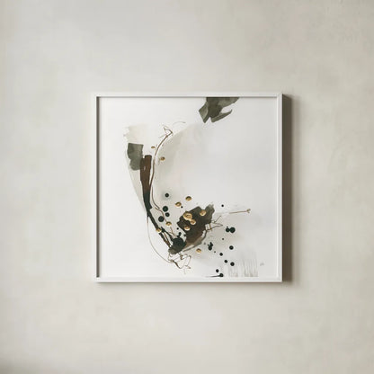 Gold Dots III by Chris Paschke. Shown in a crisp white glass frame for a clean and minimalist style. Available as an archival giclee rolled canvas, fine art paper, or poster print. SKU 78123a.