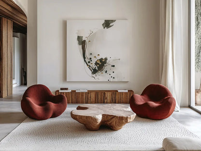 Gold Dots III by Chris Paschke. Shown as extra-large giant wall art in a modern living room. Available as an archival giclee rolled canvas, fine art paper, or poster print. SKU 78123a.