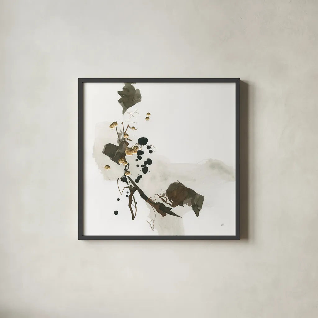 Gold Dots IV by Chris Paschke. Shown in a sleek black glass frame for a contemporary gallery look. Available as an archival giclee rolled canvas, fine art paper, or poster print. SKU 78124a.