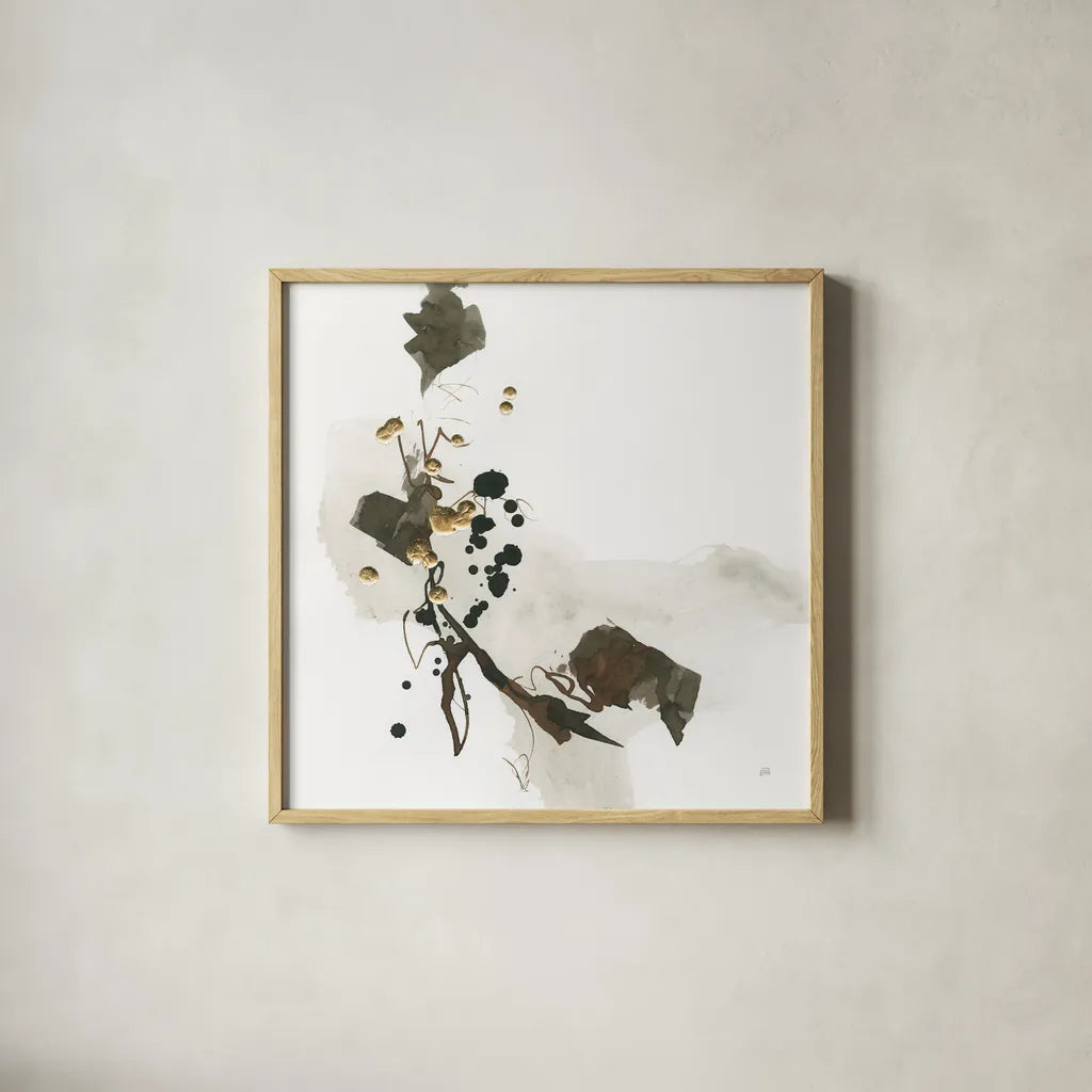 Gold Dots IV by Chris Paschke. Shown in a natural wood glass frame for a timeless modern aesthetic. Available as an archival giclee rolled canvas, fine art paper, or poster print. SKU 78124a.