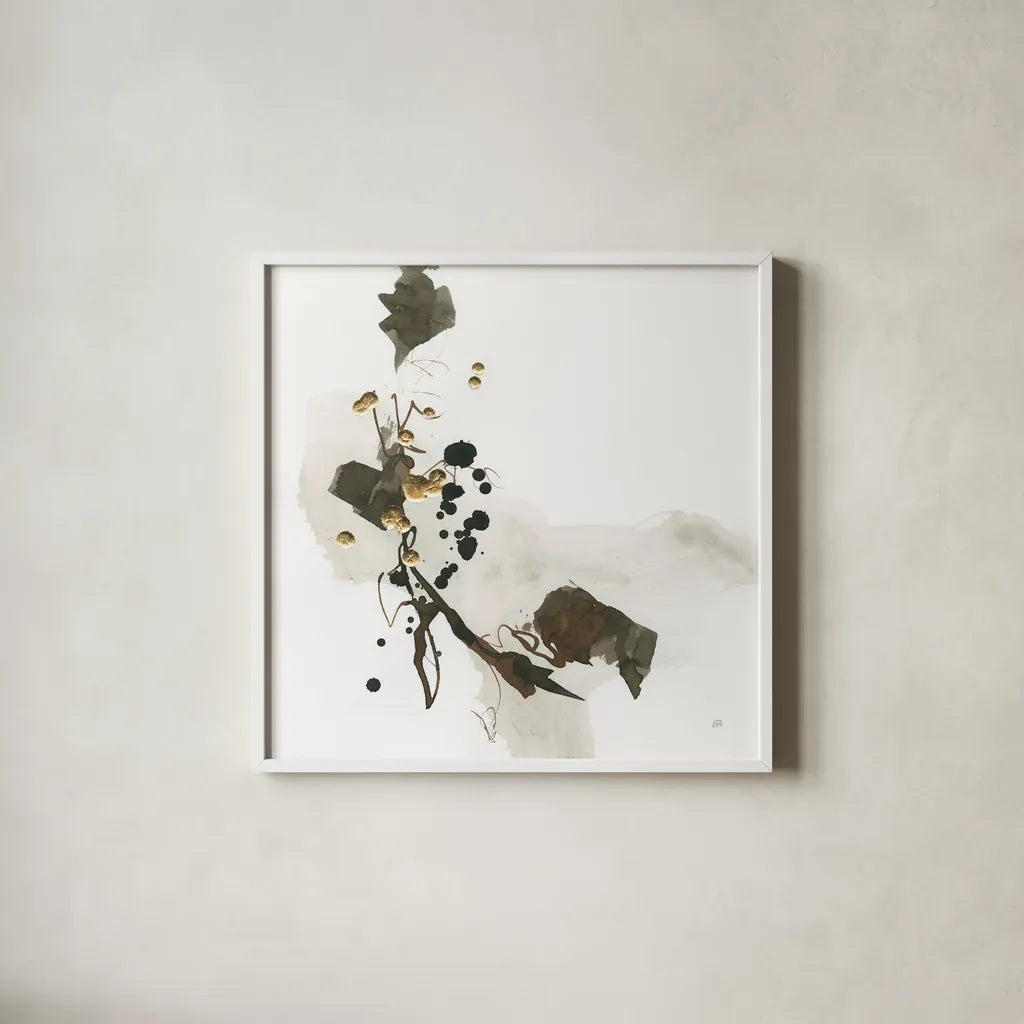 Gold Dots IV by Chris Paschke. Shown in a crisp white glass frame for a clean and minimalist style. Available as an archival giclee rolled canvas, fine art paper, or poster print. SKU 78124a.