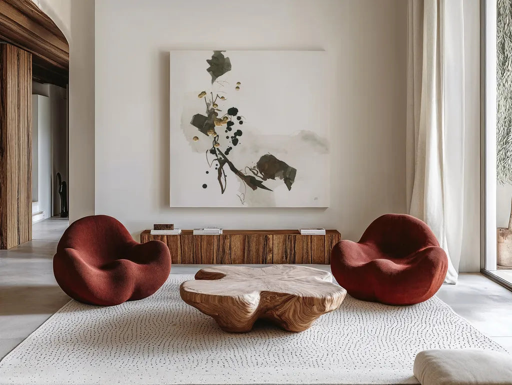 Gold Dots IV by Chris Paschke. Shown as extra-large giant wall art in a modern living room. Available as an archival giclee rolled canvas, fine art paper, or poster print. SKU 78124a.