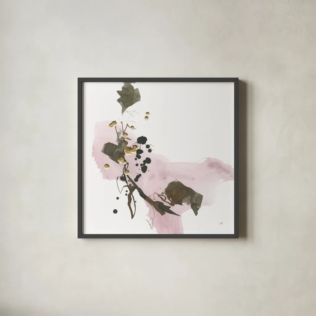 Gold Dots IV Pink by Chris Paschke. Shown in a sleek black glass frame for a contemporary gallery look. Available as an archival giclee rolled canvas, fine art paper, or poster print. SKU 78286a.