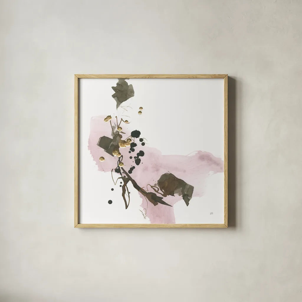 Gold Dots IV Pink by Chris Paschke. Shown in a natural wood glass frame for a timeless modern aesthetic. Available as an archival giclee rolled canvas, fine art paper, or poster print. SKU 78286a.