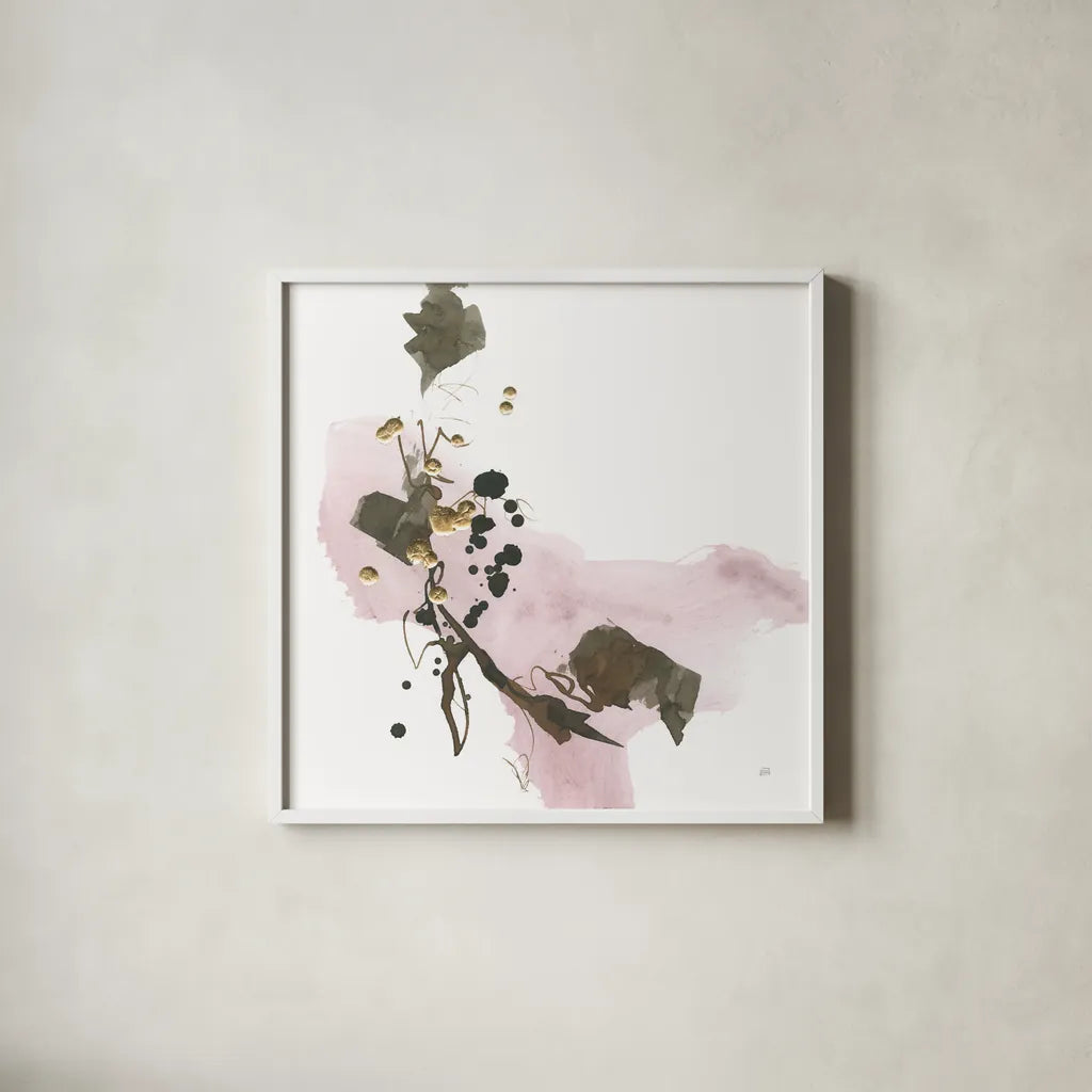 Gold Dots IV Pink by Chris Paschke. Shown in a crisp white glass frame for a clean and minimalist style. Available as an archival giclee rolled canvas, fine art paper, or poster print. SKU 78286a.