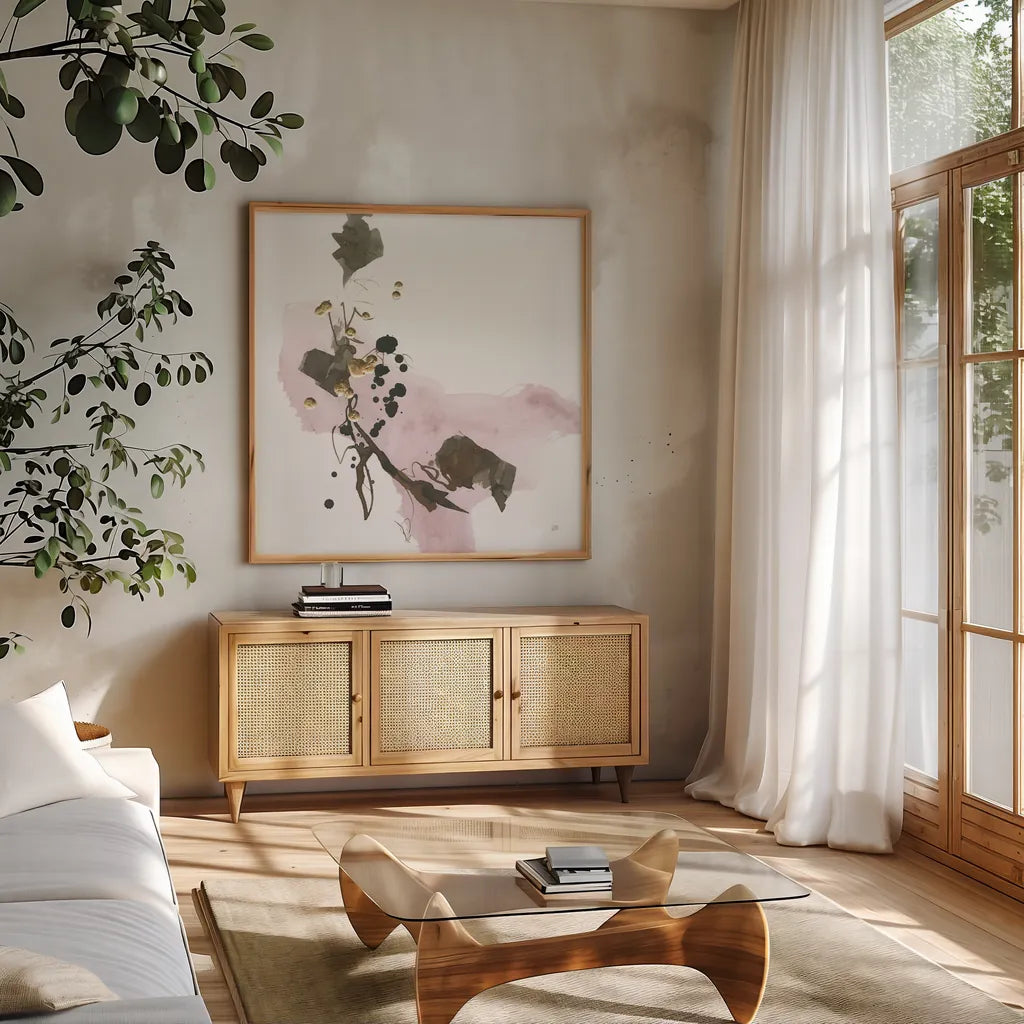 Gold Dots IV Pink by Chris Paschke. Shown in a natural wood frame in a cozy modern living room. Available as an archival giclee rolled canvas, fine art paper, or poster print. SKU 78286a.