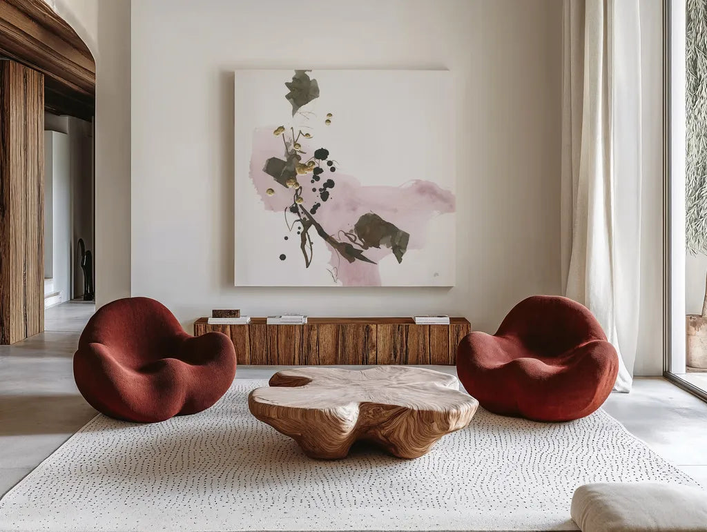 Gold Dots IV Pink by Chris Paschke. Shown as extra-large giant wall art in a modern living room. Available as an archival giclee rolled canvas, fine art paper, or poster print. SKU 78286a.