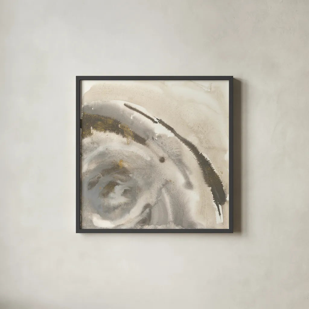 Gold Dust Nebula I by Chris Paschke. Shown in a sleek black glass frame for a contemporary gallery look. Available as an archival giclee rolled canvas, fine art paper, or poster print. SKU 25634a.