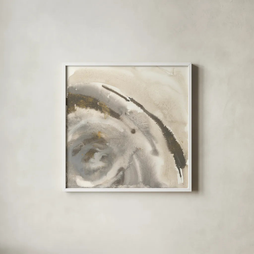 Gold Dust Nebula I by Chris Paschke. Shown in a crisp white glass frame for a clean and minimalist style. Available as an archival giclee rolled canvas, fine art paper, or poster print. SKU 25634a.