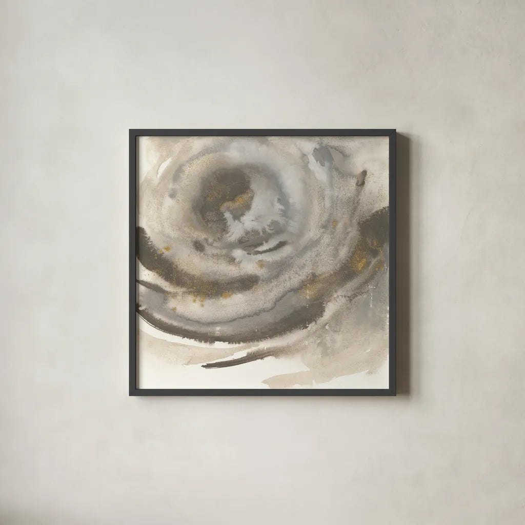 Gold Dust Nebula II by Chris Paschke. Shown in a sleek black glass frame for a contemporary gallery look. Available as an archival giclee rolled canvas, fine art paper, or poster print. SKU 25635a.