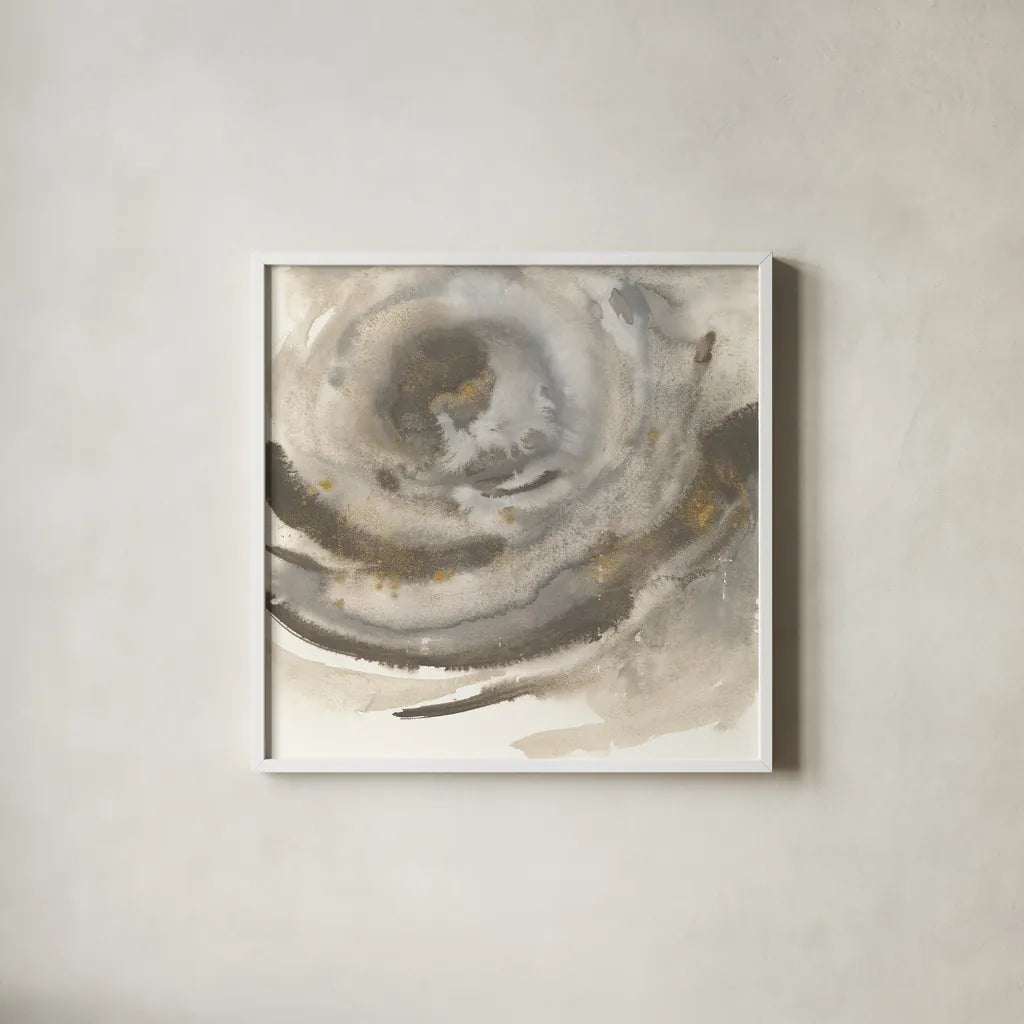 Gold Dust Nebula II by Chris Paschke. Shown in a crisp white glass frame for a clean and minimalist style. Available as an archival giclee rolled canvas, fine art paper, or poster print. SKU 25635a.