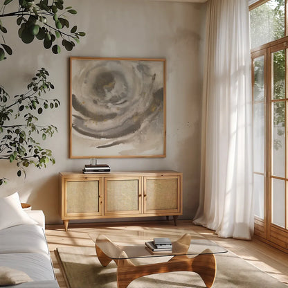 Gold Dust Nebula II by Chris Paschke. Shown in a natural wood frame in a cozy modern living room. Available as an archival giclee rolled canvas, fine art paper, or poster print. SKU 25635a.