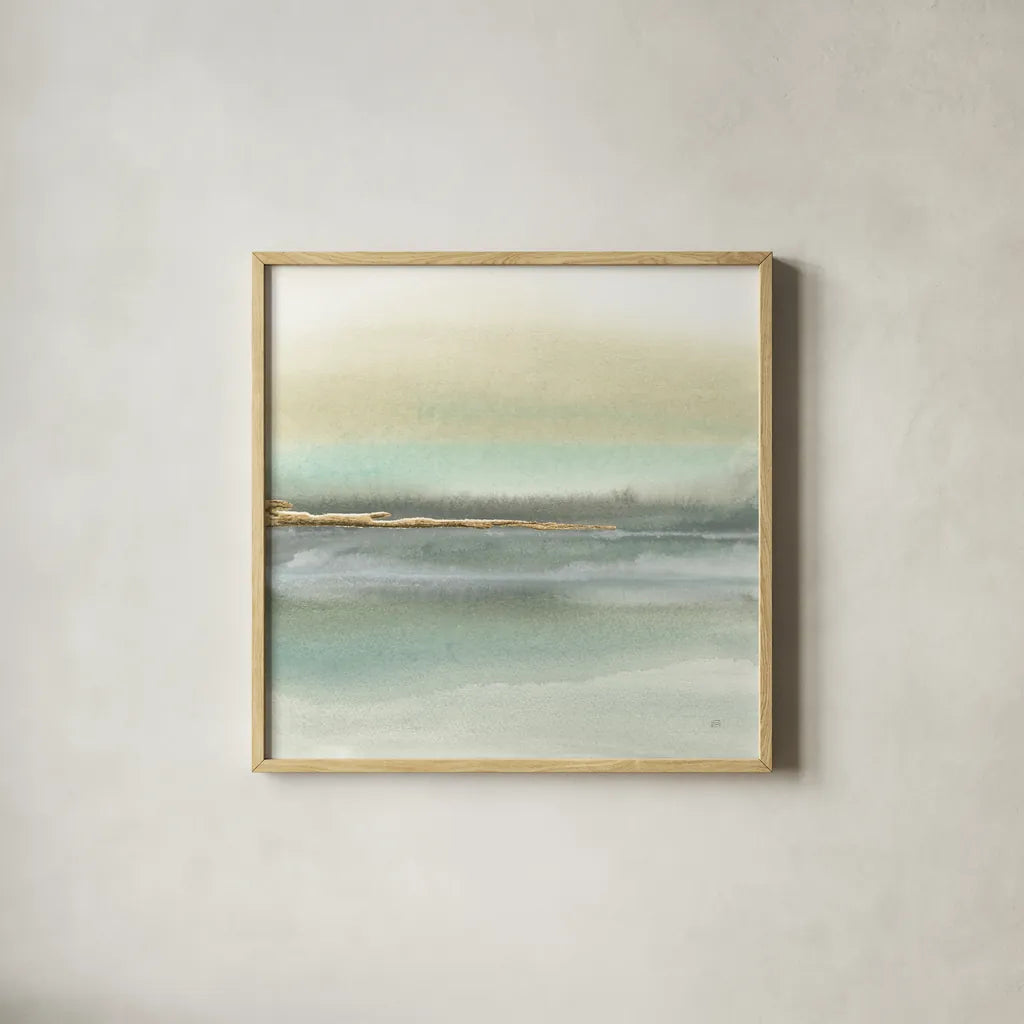 Gold Earth II by Chris Paschke. Shown in a natural wood glass frame for a timeless modern aesthetic. Available as an archival giclee rolled canvas, fine art paper, or poster print. SKU 67673a.