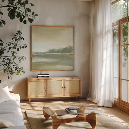 Gold Earth III by Chris Paschke. Shown in a natural wood frame in a cozy modern living room. Available as an archival giclee rolled canvas, fine art paper, or poster print. SKU 67674a.